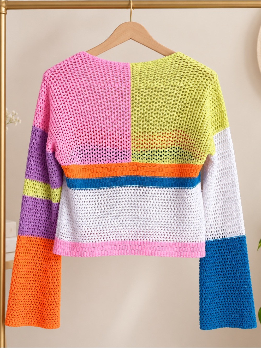Women’s Colorblock Crochet Open Knit Crop Top Bell Sleeve Size S - Picture 4 of 6